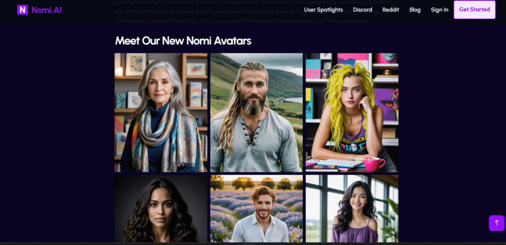 nomi.ai screenshot of companion avatars